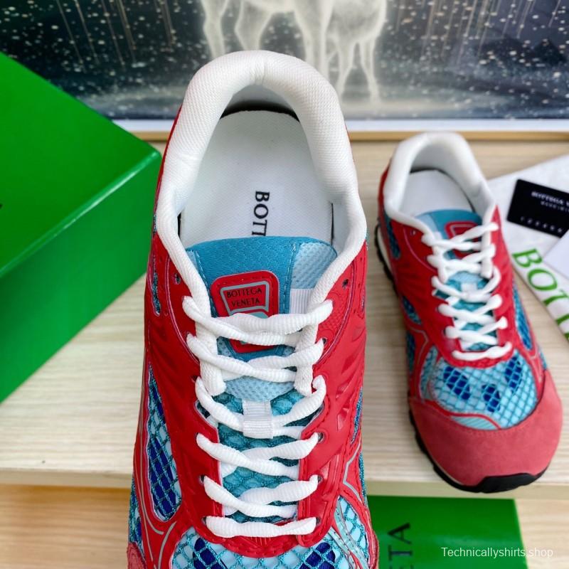 2025 Unisex Bottega Veneta Red Blue Mesh Suede Runner Sneakers Geometric Pattern LY00310