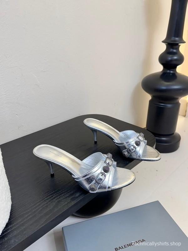 2025 Women Balenciaga Silver Leather High Heel Mules