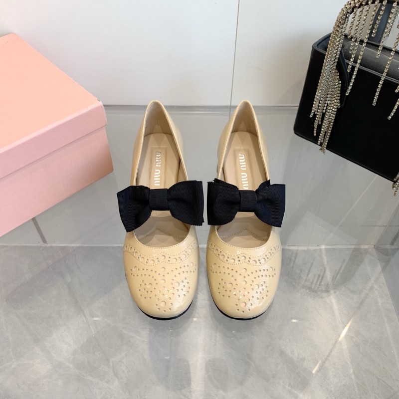 2025 Women Miu Miu Beige Black Leather Mary Jane Bow KFY00280
