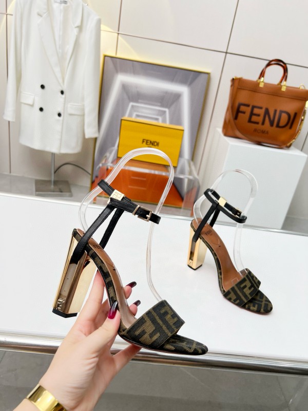 2025 Women Fendi Brown Black Leather Fabric High Heel Sandals