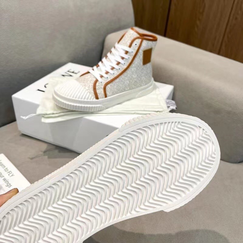 2025 Women Loewe White Brown Canvas High-top Sneakers LY00420