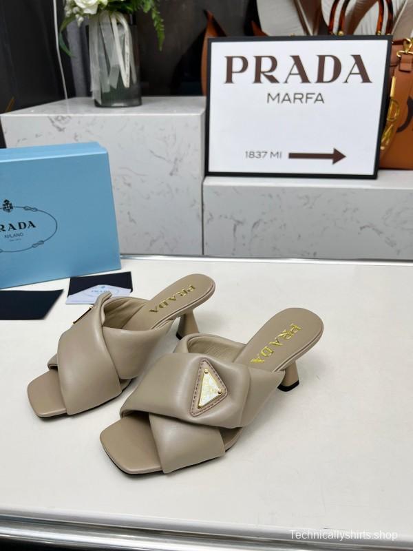 2025 Women Prada Beige Leather Mule Triangle Logo LY00270