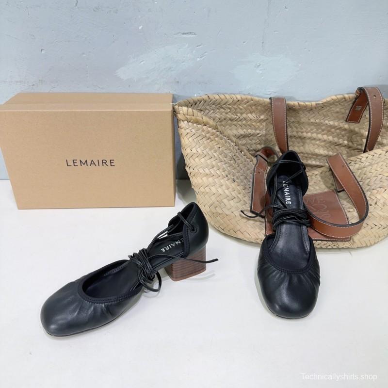 2025 Women LEMAIRE Black Leather Mary Jane Lace-up Shoes