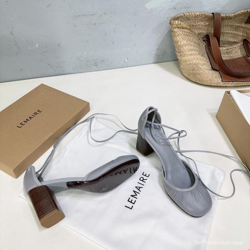 2025 Women LEMAIRE Grey Leather Mary Jane Block Heel KFY00300