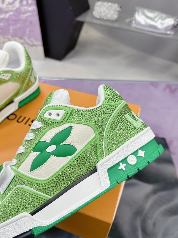 2025 Unisex Louis Vuitton Green White Leather Fabric Plimsolls Handmade Crystal Detailing AS00400
