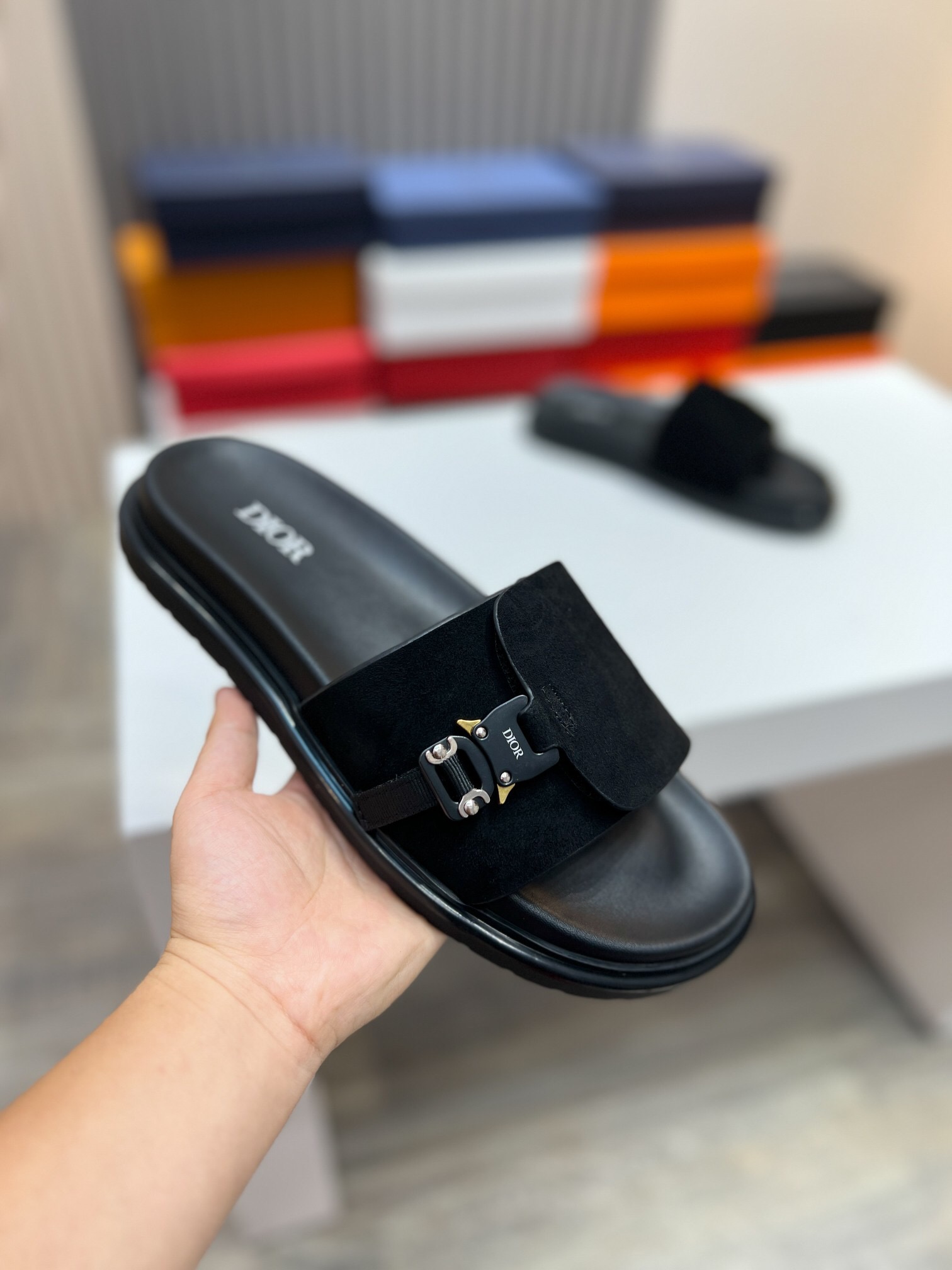 2025 Men Dior Black Leather Slippers CD Diamond Top Version AS00190