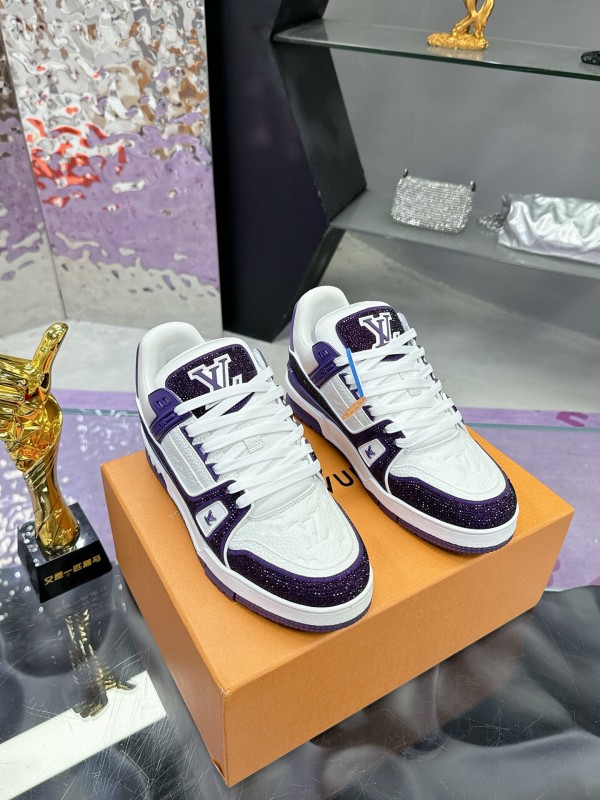 2025 Unisex Louis Vuitton White Purple Leather Denim Plimsolls Handmade Beaded AS00400