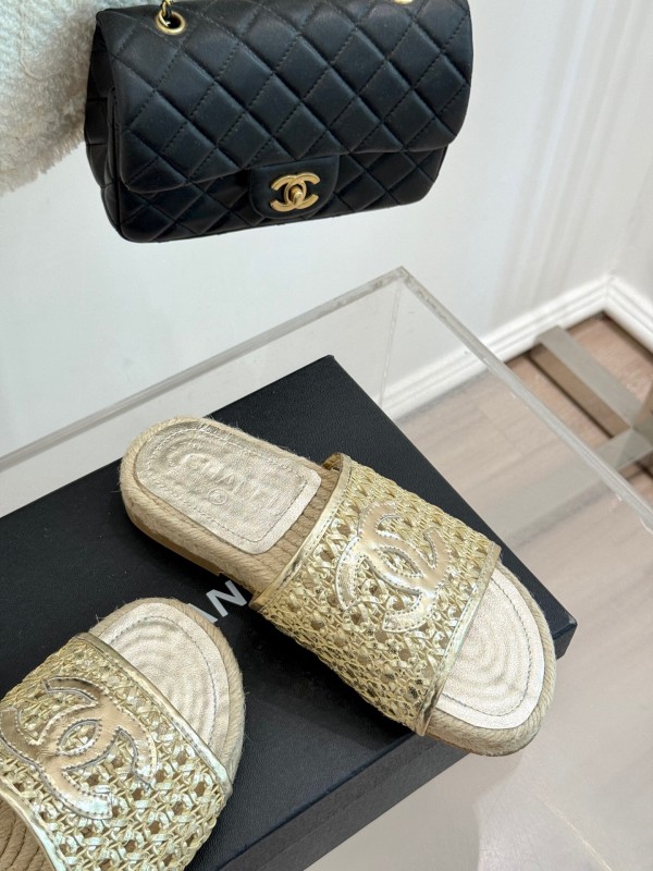 2025 Women Chanel Beige Custom Material Rope Sole Slippers Big CC Hollow Weave KFY00240