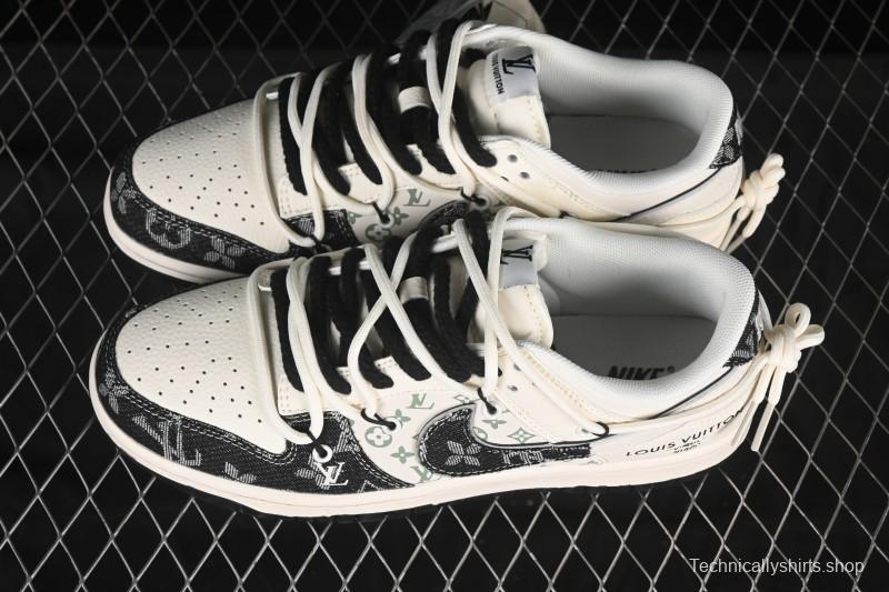 Nike SB Dunk Low LV Collaboration Strap Weave Black White Swoosh Anniversary Custom Low-Top Casual Skate Shoes - YX5066-338