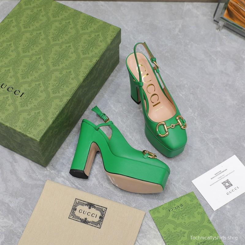 2025 Women Gucci Green Leather Platform High Heels KFY00320