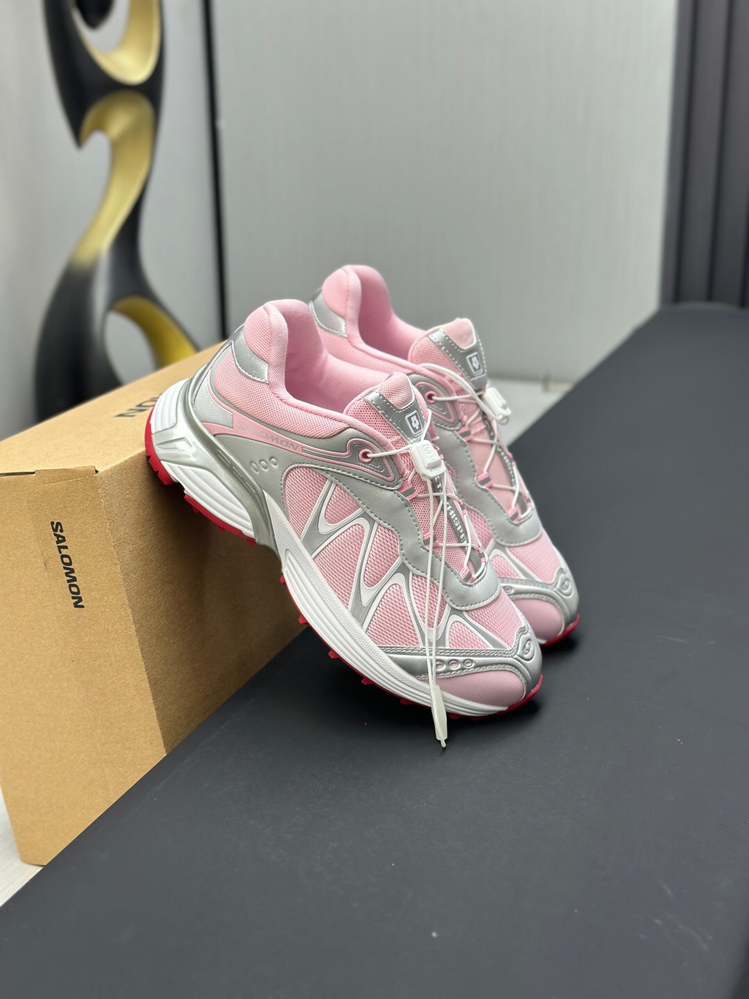 2025 Women SALOMON Pink White Leather Mesh Sneakers KFY00320