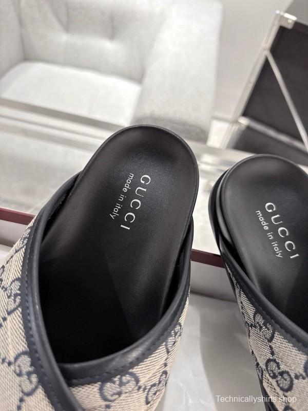 2025 Unisex Gucci Grey Black Canvas Slippers Double G Embossed AS00240