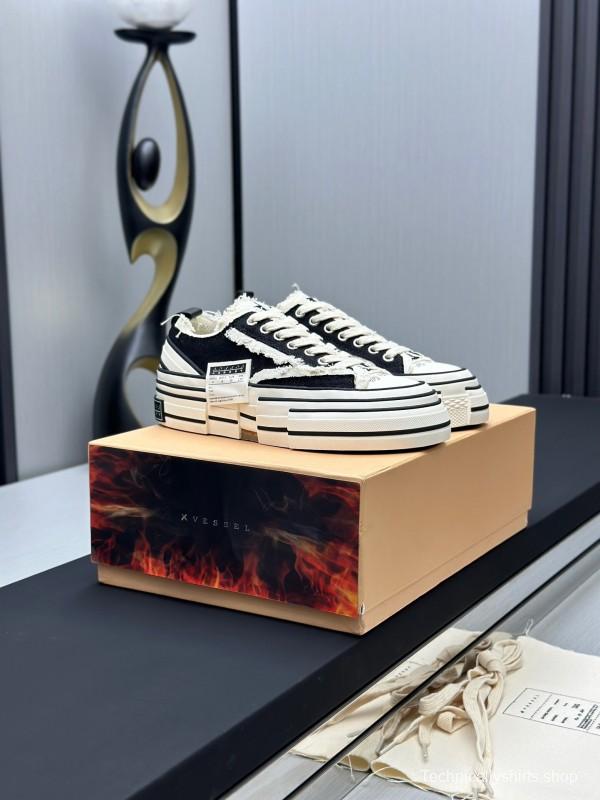 2025 Unisex XVESSEL Black White Canvas Plimsolls Vulcanized Shoes AS00240