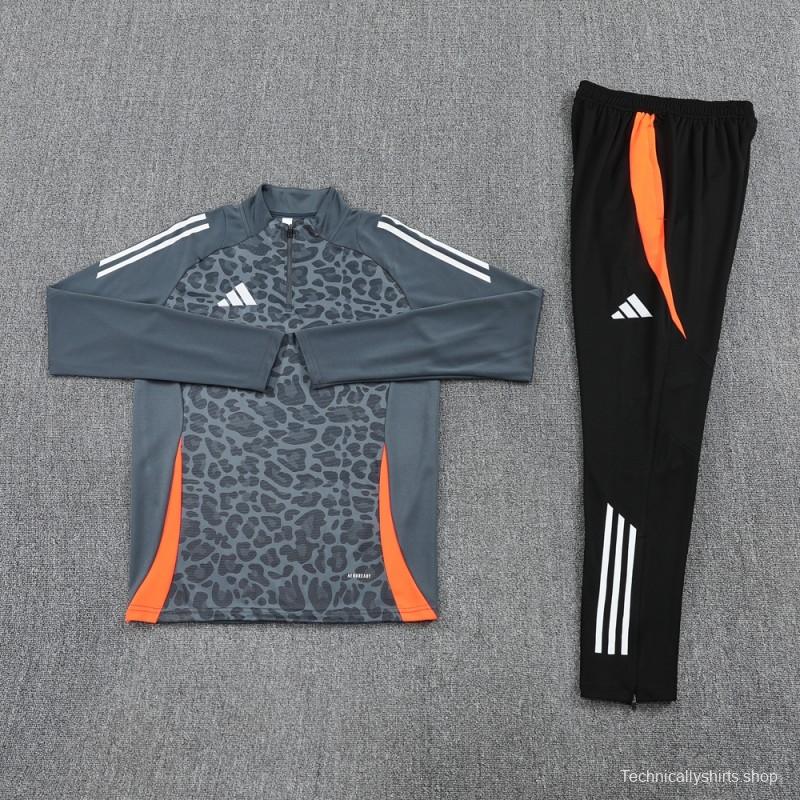 2025 Adidas Dark Grey & Black with Leopard Print Pattern and Orange Accents Half Zipper Jacket +Long Pants