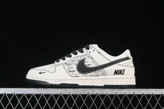 Nike SB Dunk Low Collaboration Beige Black Multi-Swoosh Custom Low-Top Casual Skate Shoes - HH7518-094