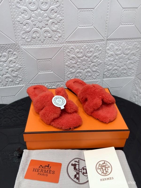 H Teddy Wool H Slippers Flat Sole Fur Slides - LY00240