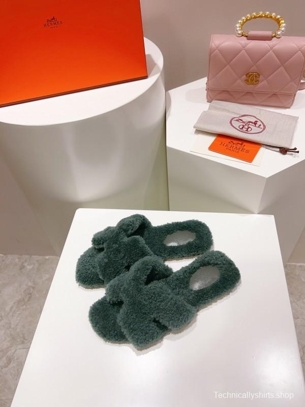 H Teddy Wool H Slippers Flat Sole Winter Edition - LY00240