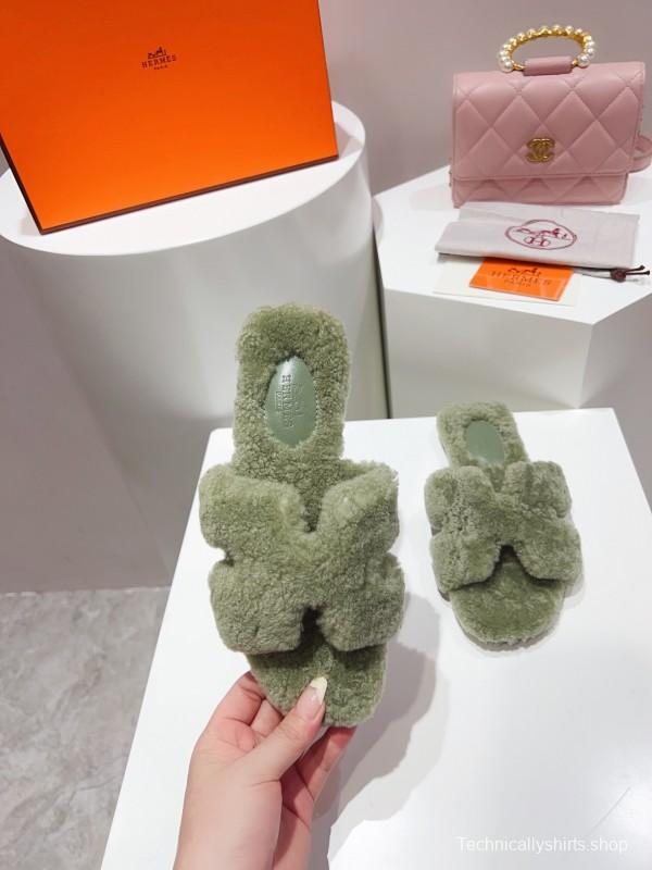 H Teddy Wool H Slippers Flat Sole Fur Slippers for Autumn Winter - LY00240