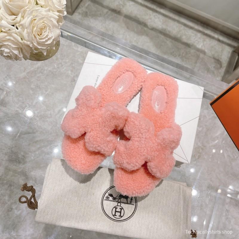 H Teddy Wool H Slippers Flat Sole Autumn Winter - LY00240
