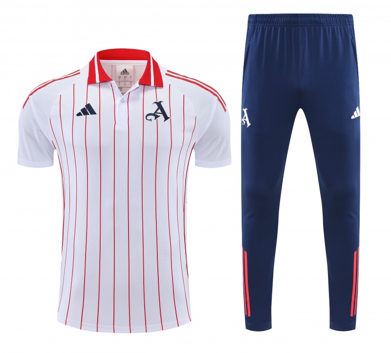 26/27 Arsenal  White&Red Stripes  Polo Training Shirt + Long Pants Tracksuit