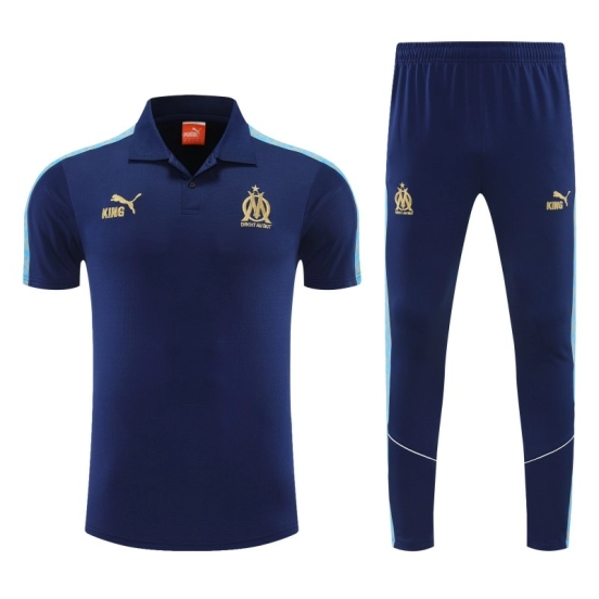26/27  Marseille Navy Blue  Polo Training Shirt + Long Pants Tracksuit