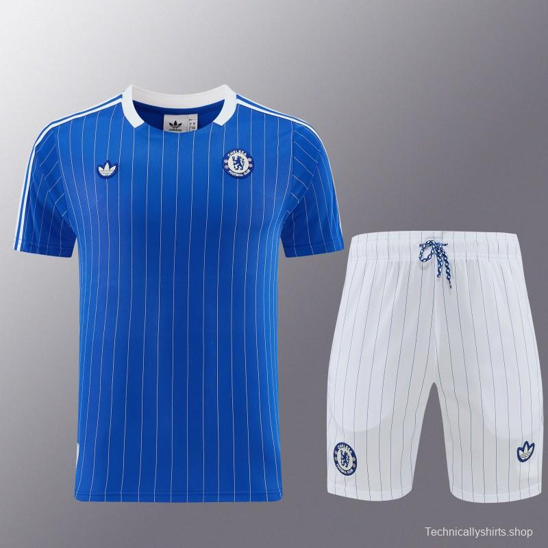 26/27 Chelsea FC  Blue  Stripes Short Sleeve+ White Soccer Shorts
