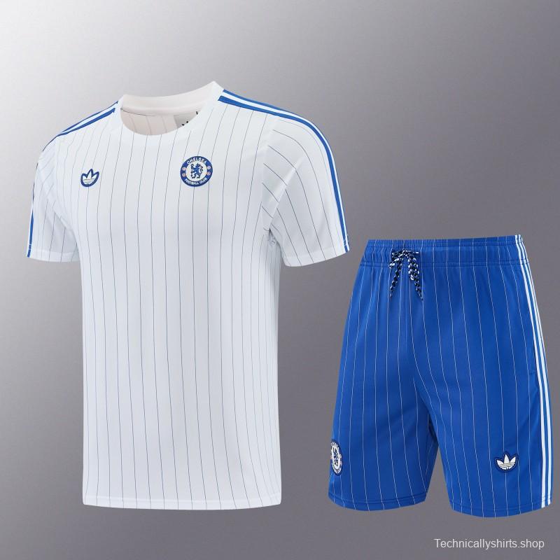 26/27 Chelsea FC White Stripes Short Sleeve+Blue Soccer Shorts
