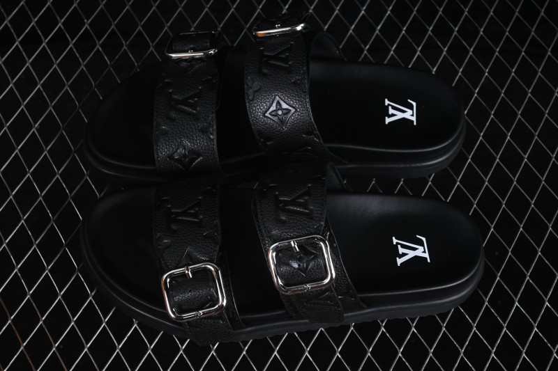Louis Vuitton Venice Comfort Calfskin Suede Round-Toe Slide Sandals