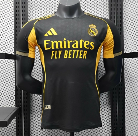 Player Version 25/26 Real Madrid Black with Gold Accents and Emirates Sponsor Jersey