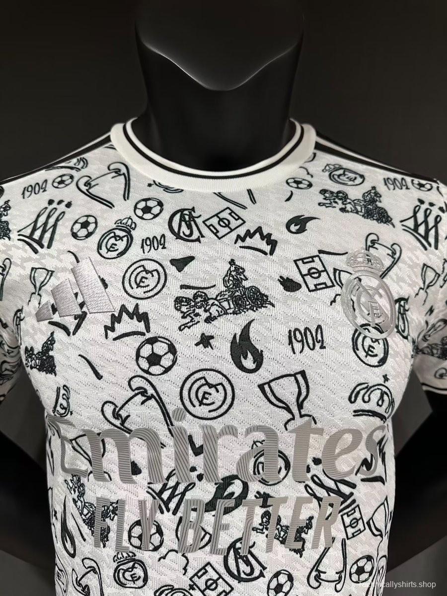 Player Version 25/26 Real Madrid White with Football Icons Pattern Jersey