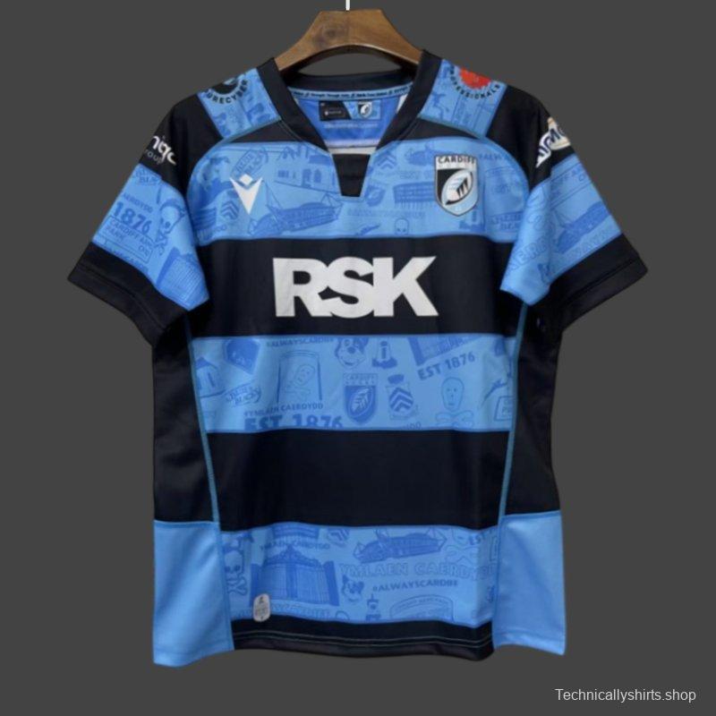 25/26 Cardiff Rugby Sky Blue with Navy Hoops and Heritage Print Jersey