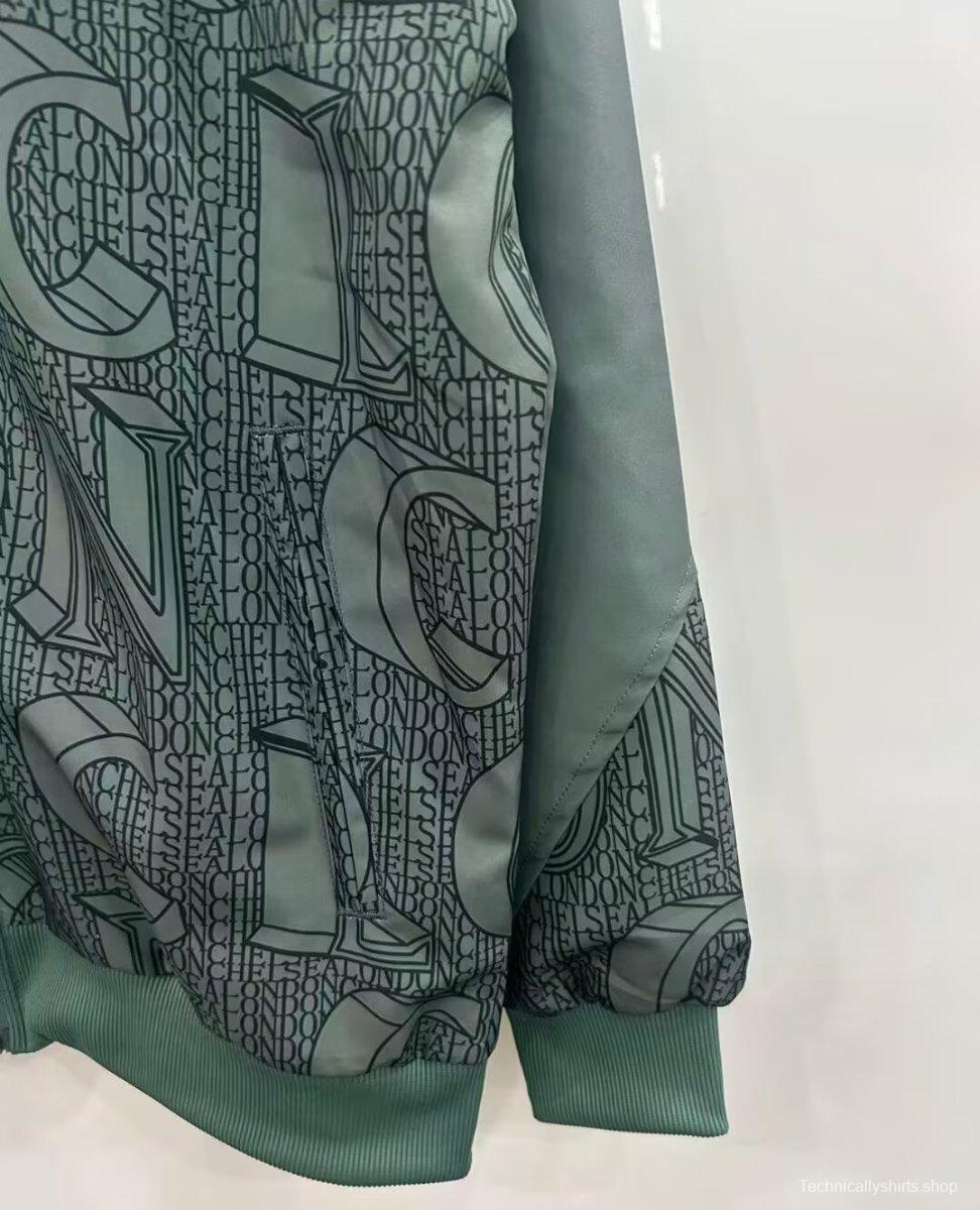 25/26 Chelsea FC Green with All-Over London Text Pattern Full Zipper Windbreaker