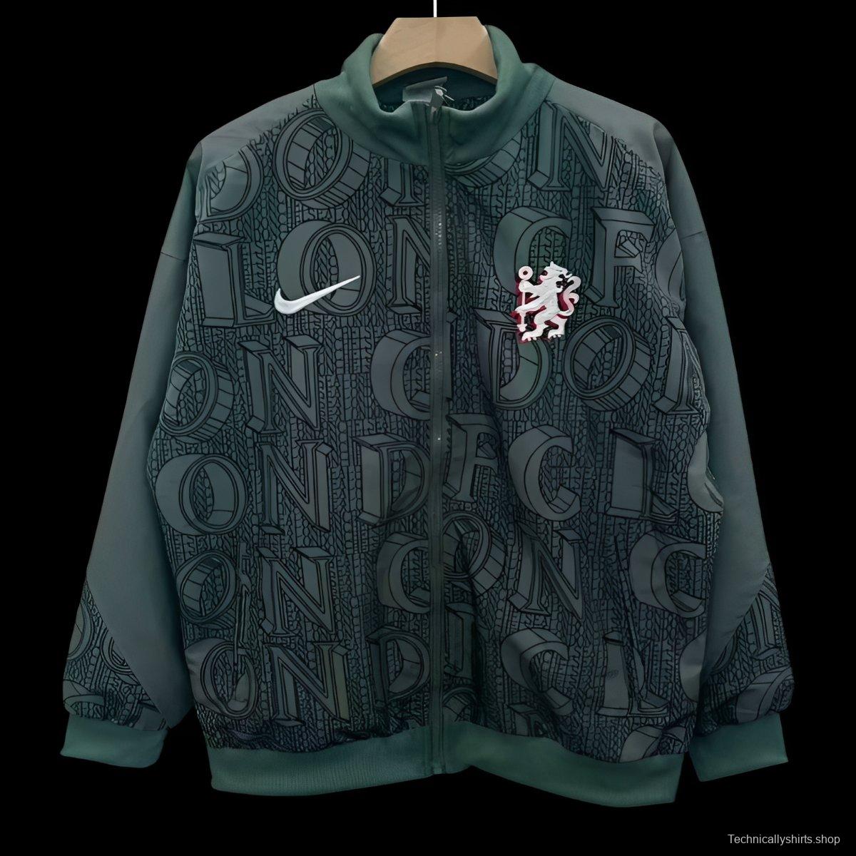 25/26 Chelsea FC Green with All-Over London Text Pattern Full Zipper Windbreaker